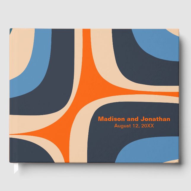 Mid Century Modern Retro Groove Blue and Orange Guest Book (Front)