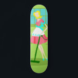 Mid Century Modern Retro Housewife Skateboard<br><div class="desc">This Mid Century Modern Retro Housewife Skateboard will have you breaking out your strands of pearls to do the most mundane tasks. The design features a lime green background with blue paned window. But, the pièce de résistance is most assuredly the classic television housewife wearing a poofy pink dress with...</div>