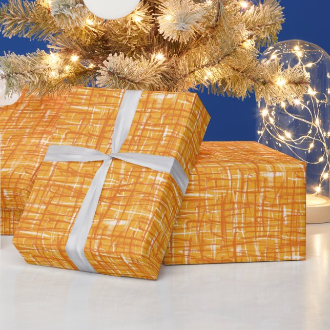 Mid Century Modern Retro Linework Pattern Orange Wrapping Paper (Holidays)