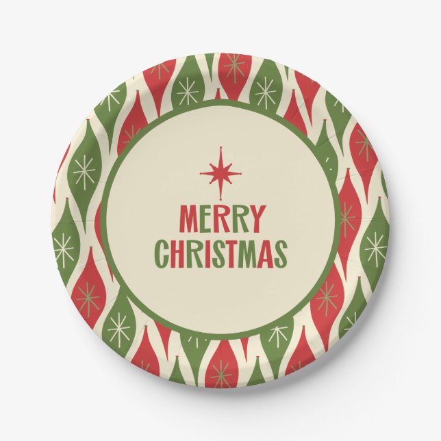 Mid Century Modern Retro Merry Christmas Retro Paper Plate (Front)