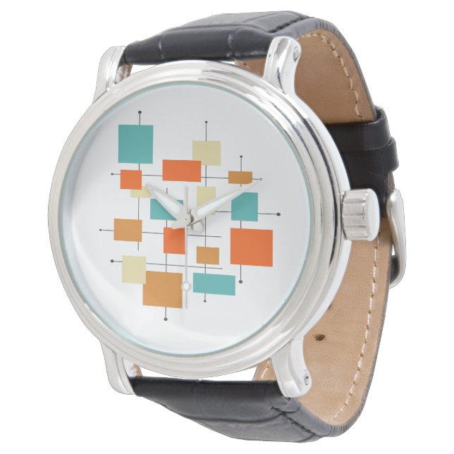 Mid Century Modern Retro Orange Turquoise Squares Watch (Angled)