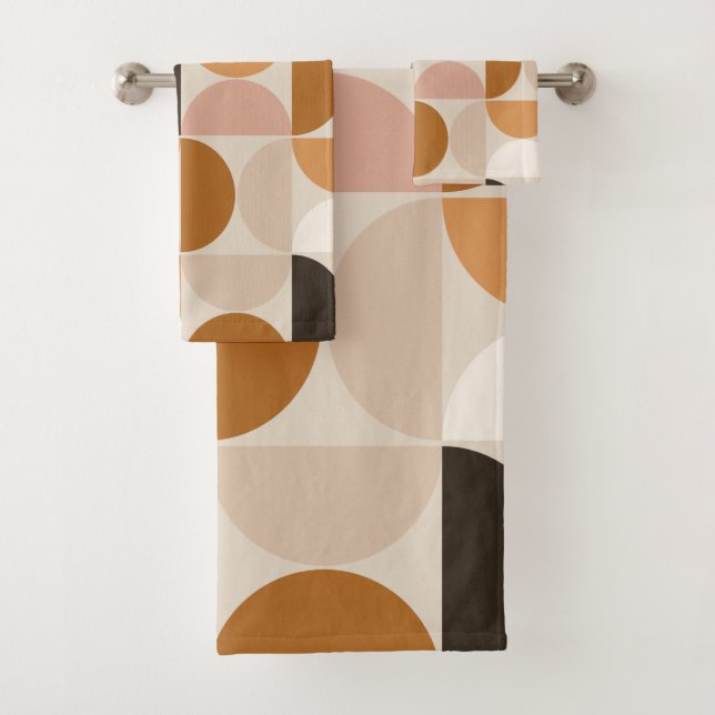 Mid Century Modern Retro Pattern Brown Earth Tones Bath Towel Set (Insitu)