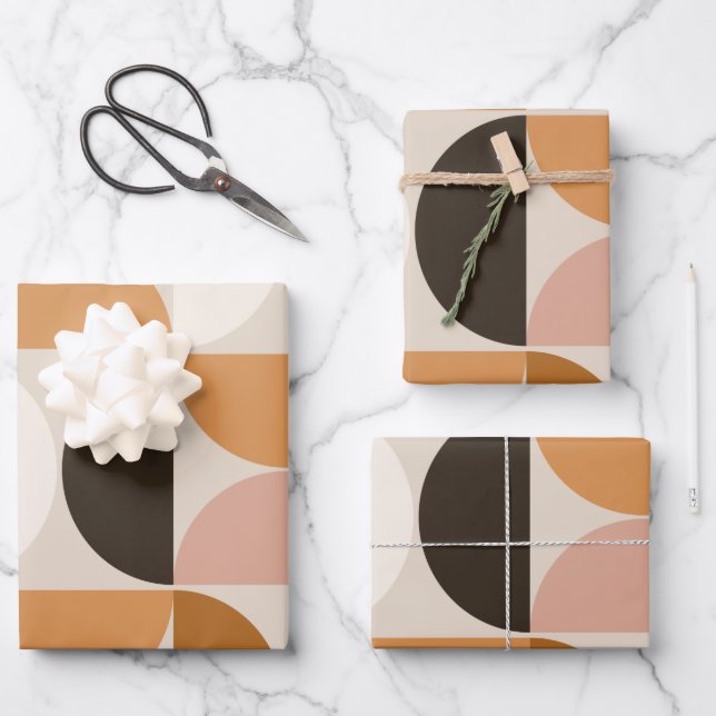 Mid Century Modern Retro Pattern Brown Earth Tones Wrapping Paper Sheet (Front)