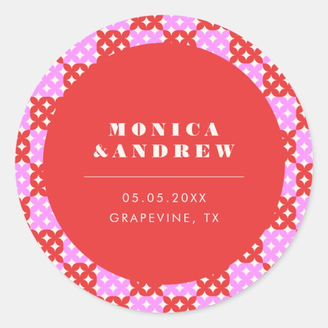 Mid Century Modern Retro Red & Pink Geometric Classic Round Sticker (Front)