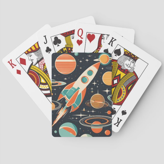 Mid Century Modern Retro Rocket and Planets Playing Cards (Back)