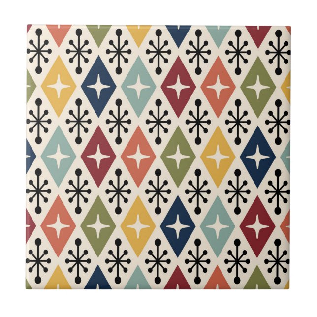 Mid Century Modern Retro Starburst Pattern Ceramic Tile (Front)