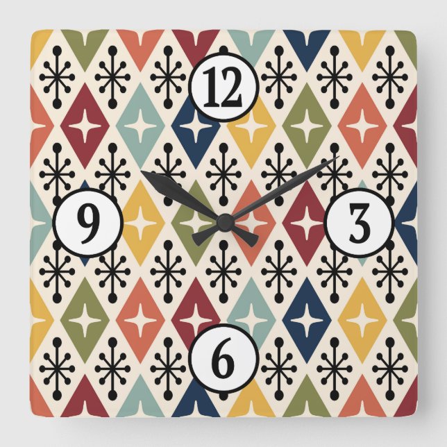 Mid Century Modern Retro Starburst Pattern Square Wall Clock (Front)