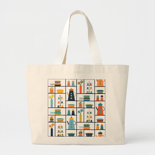 Mid Century Modern Retro Stylish Kitchen Shelves Large Tote Bag (Front)