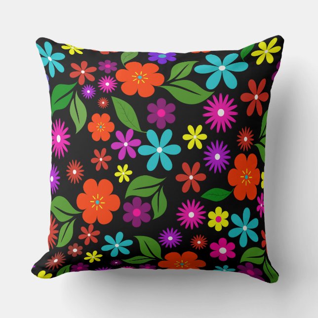 mid century modern retro vibrant floral black cushion (Front)