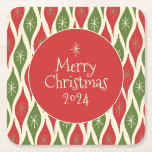Mid Century Modern Retro Vintage Merry Christmas Square Paper Coaster