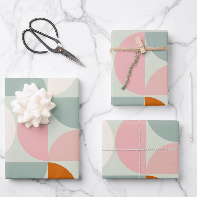 Mid Century Modern Sage Green Blush Orange Pattern Wrapping Paper Sheet (Front)
