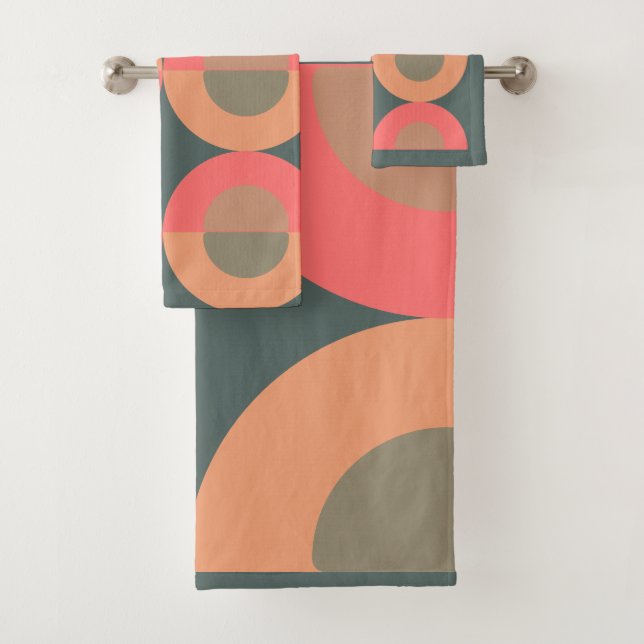 Mid-Century Modern Salmon and Olive  Bath Towel Set (Insitu)
