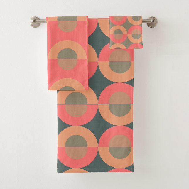 Mid-Century Modern Salmon and Olive     Bath Towel Set (Insitu)
