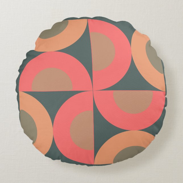 Mid-Century Modern Salmon and Olive  Round Cushion (Front)