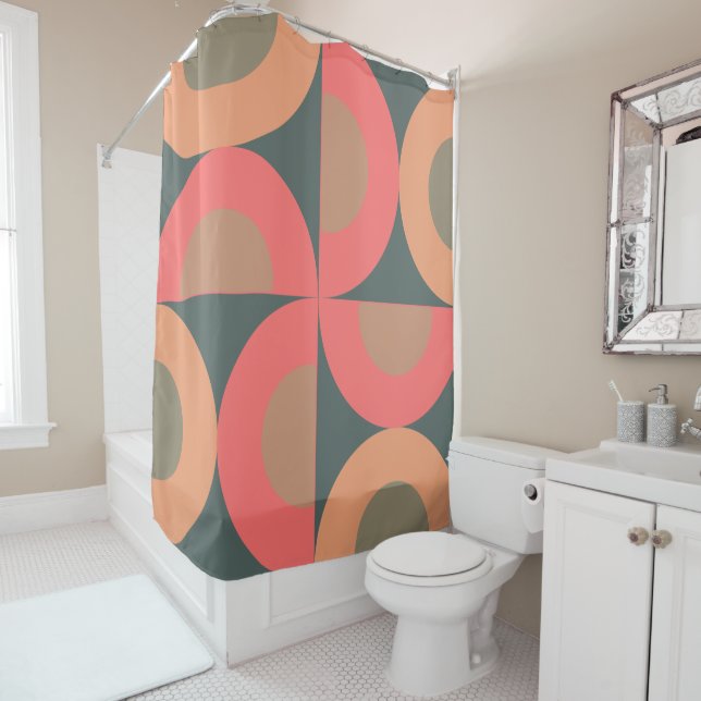 Mid-Century Modern Salmon and Olive    Shower Curtain (In Situ)