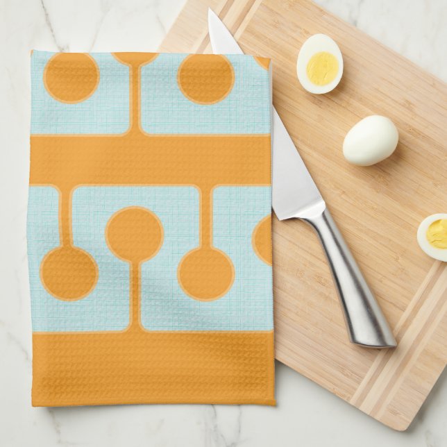 Mid Century Modern Shapes in Sync Orange, Aqua Tea Towel (Quarter Fold)
