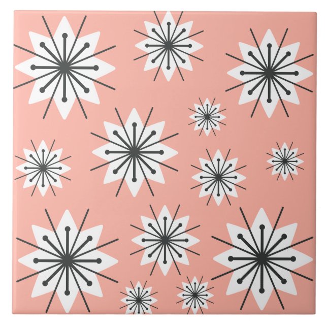 Mid Century Modern Snowflakes Peach Ceramic Tile (Front)
