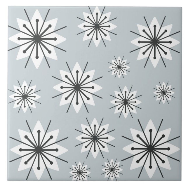 Mid Century Modern Snowflakes Silver Ceramic Tile (Front)