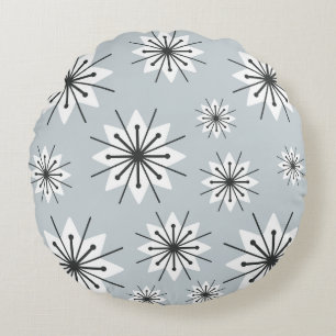 Mid Century Modern Snowflakes Silver Round Cushion