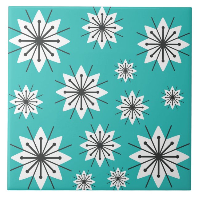 Mid Century Modern Snowflakes Turquoise Ceramic Tile (Front)