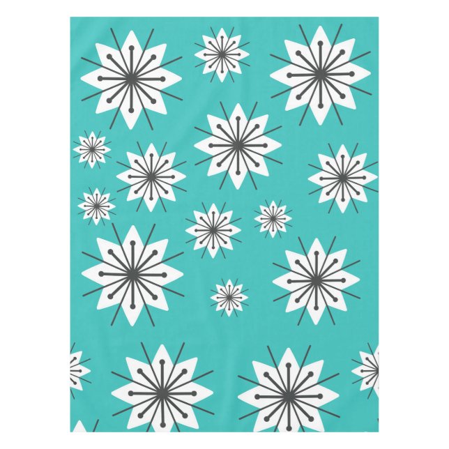 Mid Century Modern Snowflakes Turquoise Tablecloth (Front)