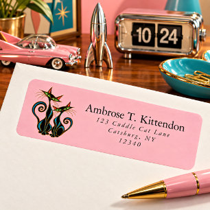 Mid Century Modern Space Age Atomic Cats Pink Return Address Label