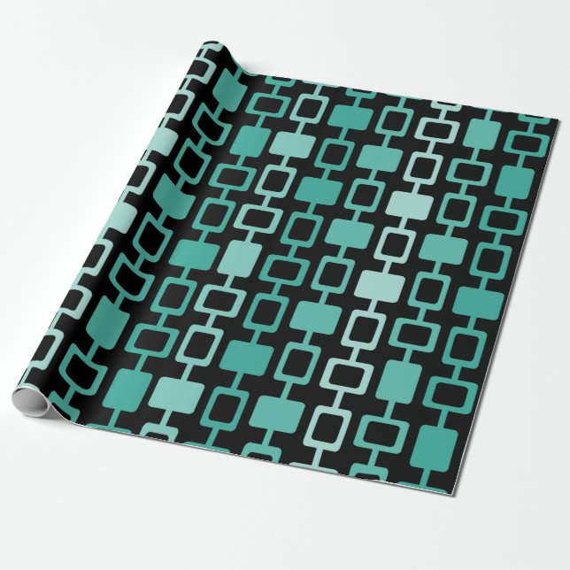 Mid Century Modern Square Columns Black Aquamarine Wrapping Paper (Unrolled)