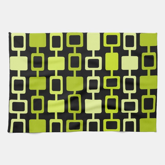 Mid Century Modern Square Columns Black Chartreuse Tea Towel (Horizontal)