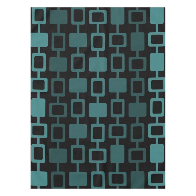 Mid Century Modern Square Columns Black Teal Tablecloth (Front)