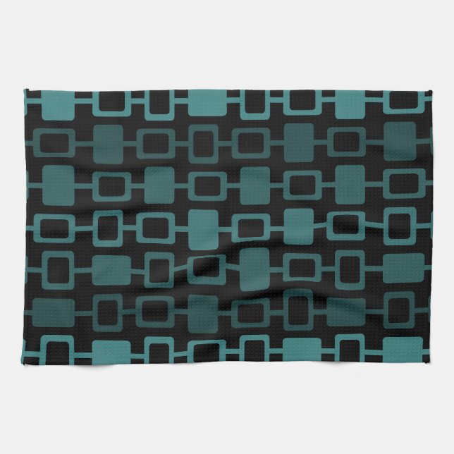 Mid Century Modern Square Columns Black Teal Tea Towel (Horizontal)