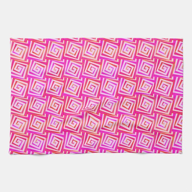 Mid-Century Modern square spirals - pink multi Tea Towel (Horizontal)