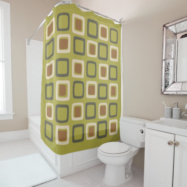 Mid Century Modern Squares Chartreuse Shower Curtain (In Situ)
