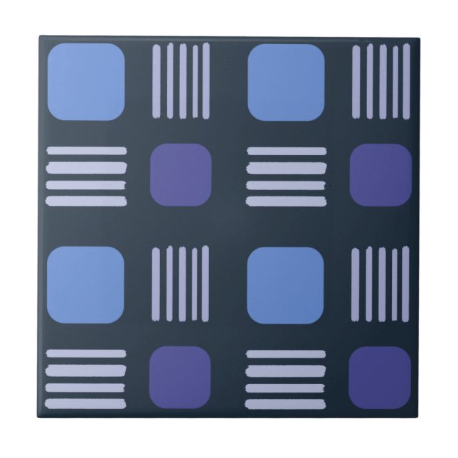 Mid-Century Modern Squares Lines Dark Blue Ceramic Tile (Front)