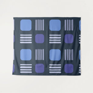 Mid-Century Modern Squares Lines Dark Blue Tapestry