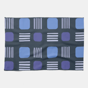 Mid-Century Modern Squares Lines Dark Blue Tea Towel