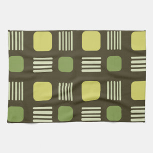 Mid-Century Modern Squares Lines Dark Chartreuse Tea Towel