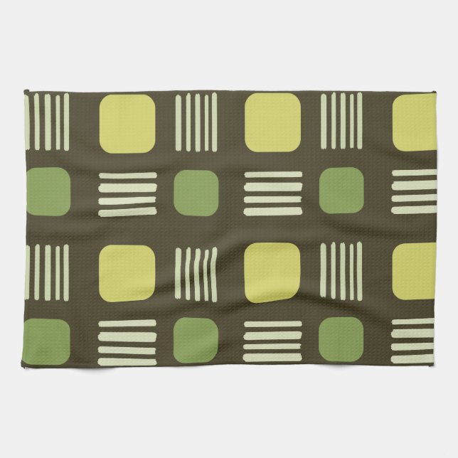 Mid-Century Modern Squares Lines Dark Chartreuse Tea Towel (Horizontal)