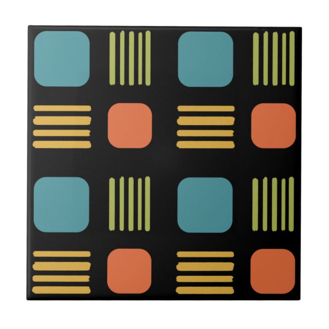 Mid-Century Modern Squares Lines Dark Colourful Ceramic Tile (Front)