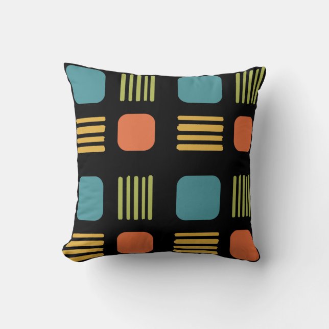 Mid-Century Modern Squares Lines Dark Colourful Cushion (Front)