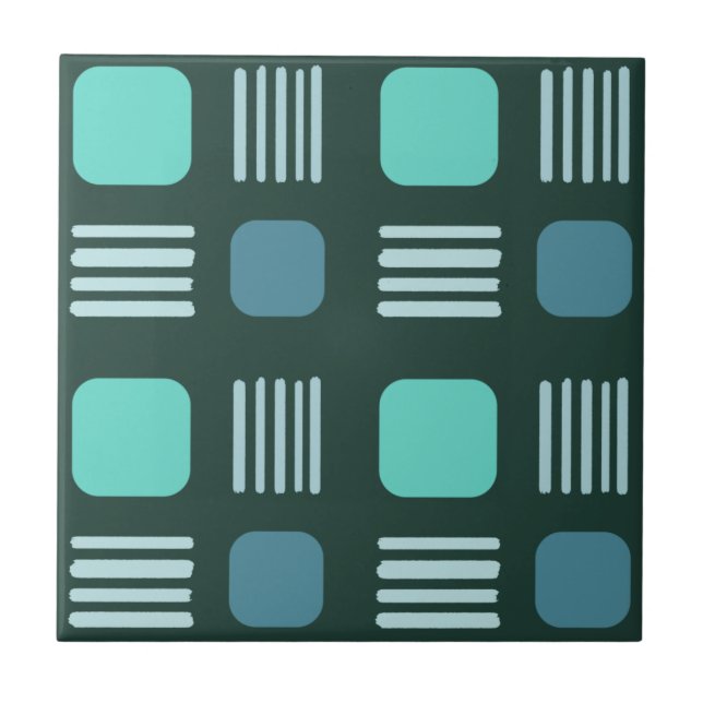 Mid-Century Modern Squares Lines Dark Teal Ceramic Tile (Front)