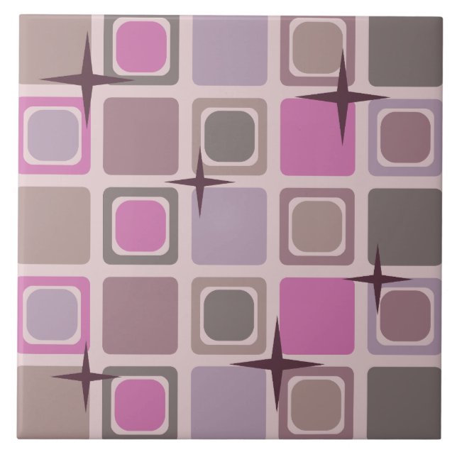 Mid Century Modern Squares Stars Pink Purple Ceramic Tile (Front)