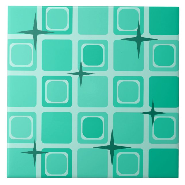 Mid Century Modern Squares Stars Teal Ceramic Tile (Front)