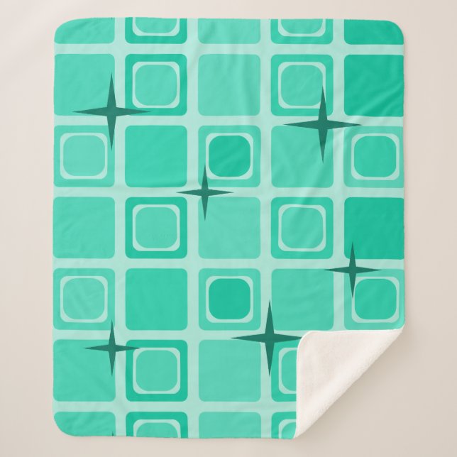 Mid Century Modern Squares Stars Teal Sherpa Blanket (Front)