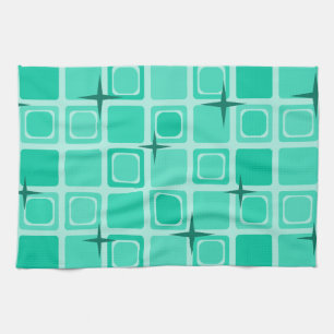 Mid Century Modern Squares Stars Teal Tea Towel