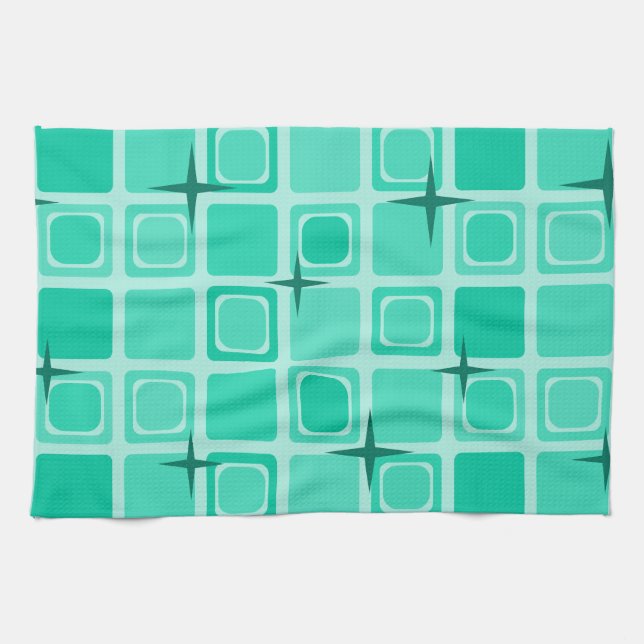 Mid Century Modern Squares Stars Teal Tea Towel (Horizontal)