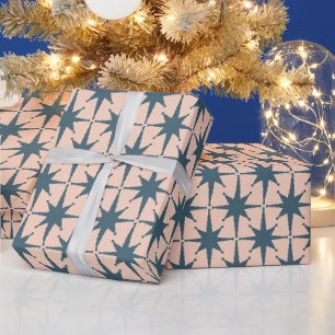 Mid Century Modern Star Pattern Steel Blue Blush Wrapping Paper