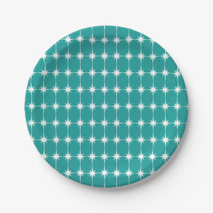 Mid-Century Modern Star Pattern Turquoise Teal Paper Plate