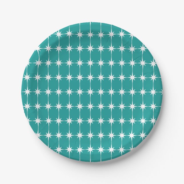 Mid-Century Modern Star Pattern Turquoise Teal Paper Plate (Front)