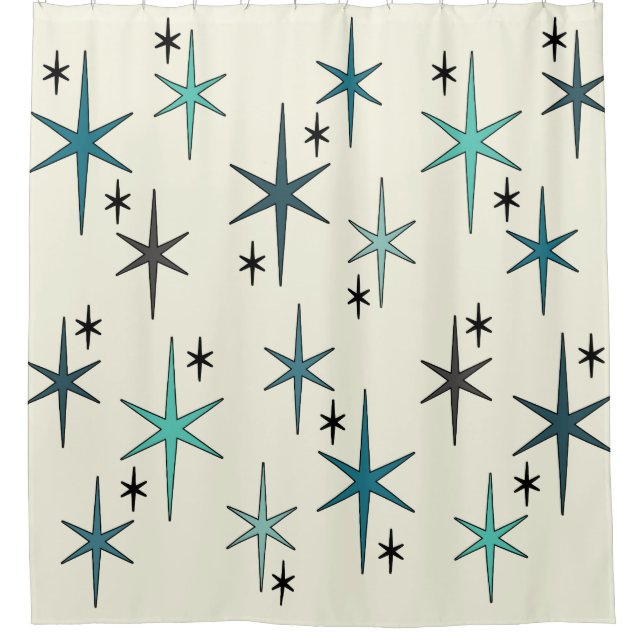 Mid Century Modern Star Sky Turquoise Shower Curtain (Front)