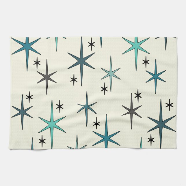 Mid Century Modern Star Sky Turquoise Tea Towel (Horizontal)